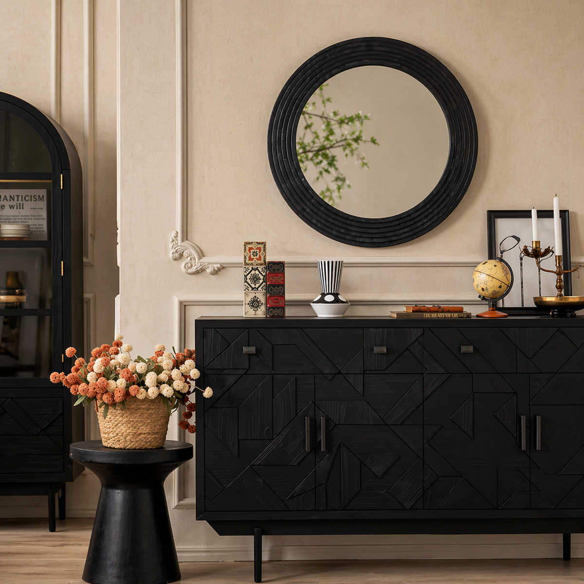 Obsidian Halo Round Wall Mirror – Contemporary Sculpted Statement Mirror