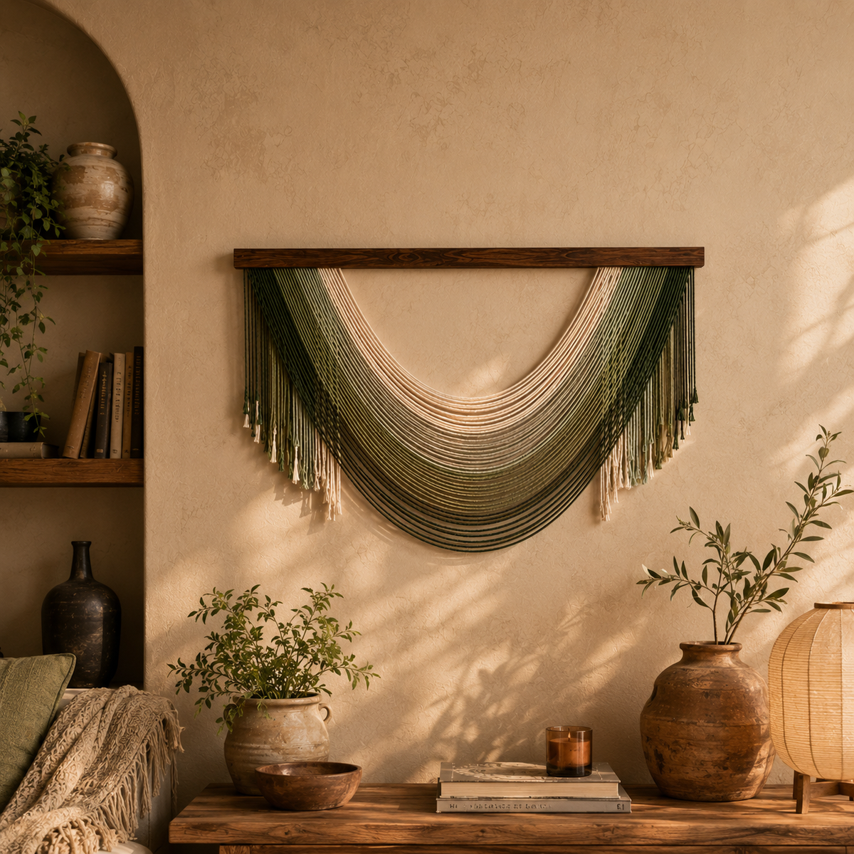 Olive Cascade Fibre Wall Art – Handwoven Layered Macramé Statement Hanging (100cm x 60cm)