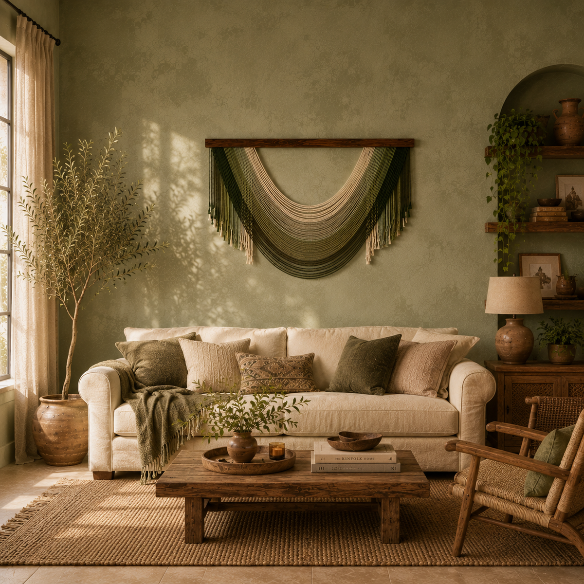 Olive Cascade Fibre Wall Art – Handwoven Layered Macramé Statement Hanging (100cm x 60cm)
