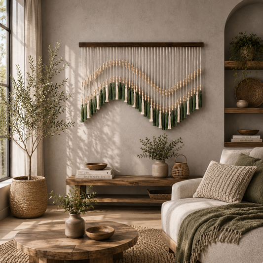 Olive Horizon Macramé Wall Hanging – Handwoven Beaded Fibre Art Décor (100cm x 80cm)
