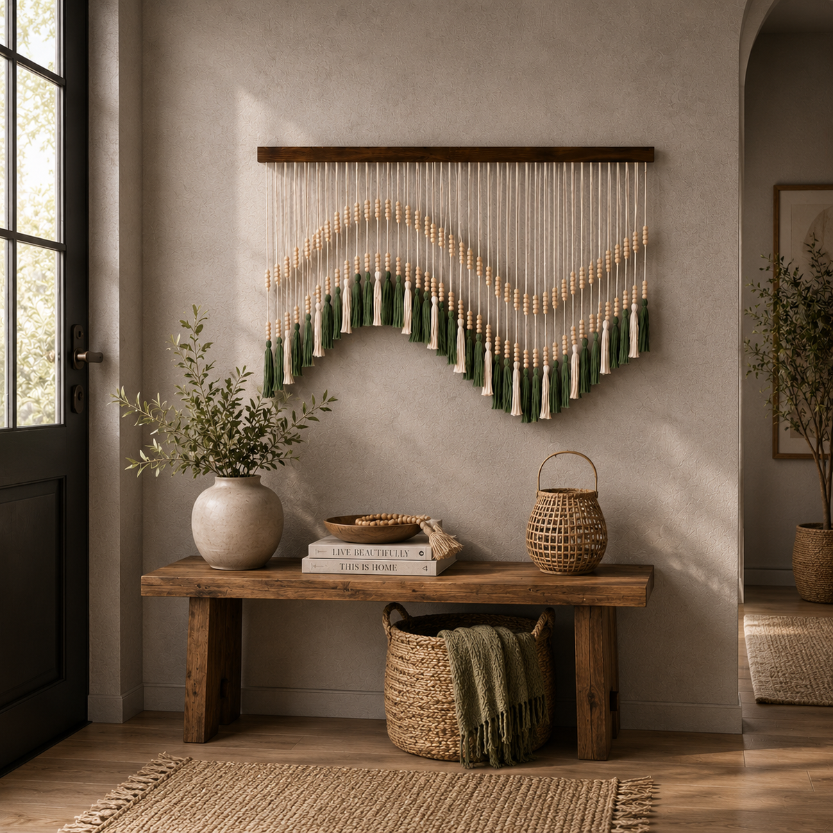 Olive Horizon Macramé Wall Hanging – Handwoven Beaded Fibre Art Décor (100cm x 80cm)