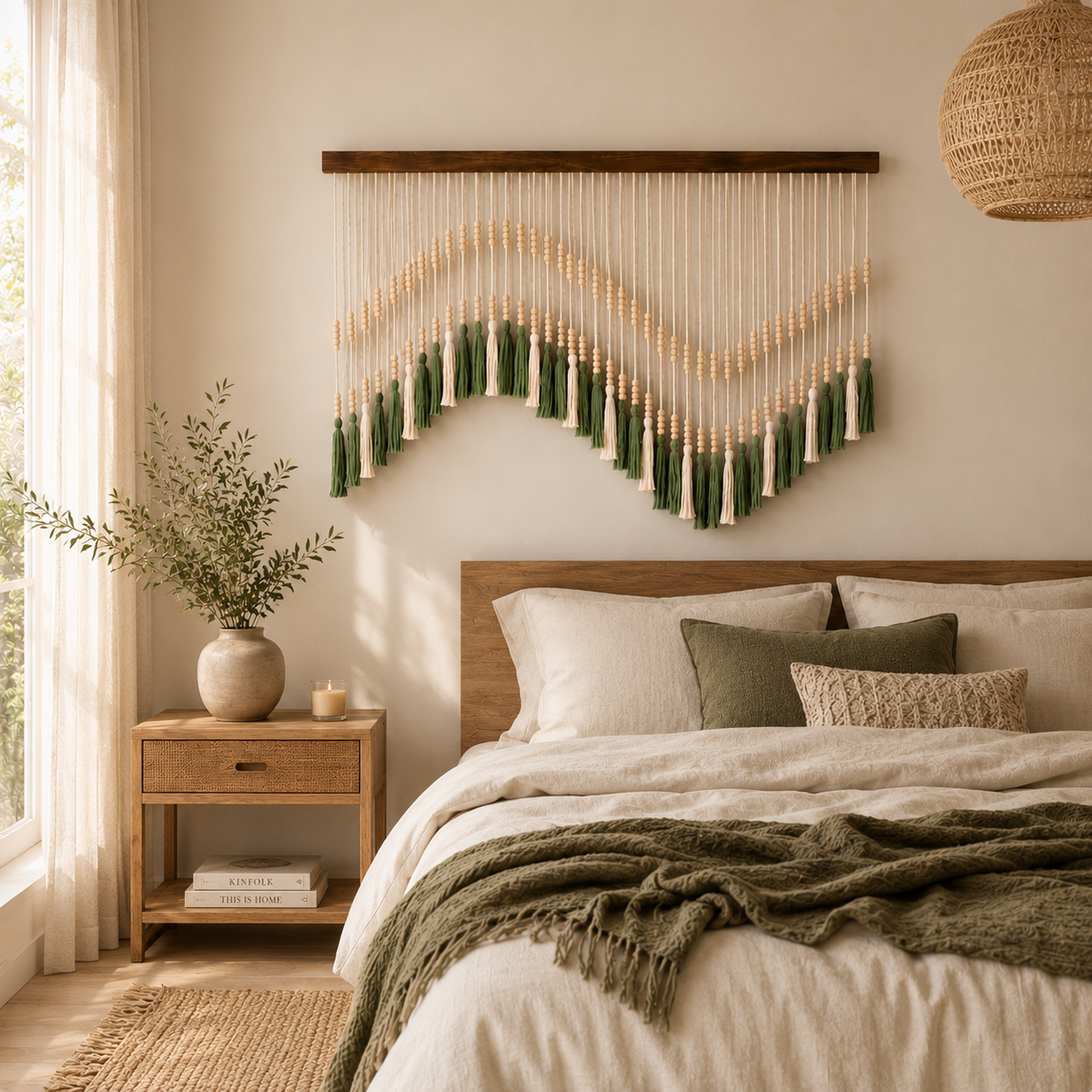 Olive Horizon Macramé Wall Hanging – Handwoven Beaded Fibre Art Décor (100cm x 80cm)