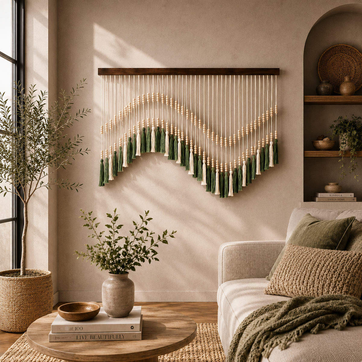 Olive Horizon Macramé Wall Hanging – Handwoven Beaded Fibre Art Décor (100cm x 80cm)