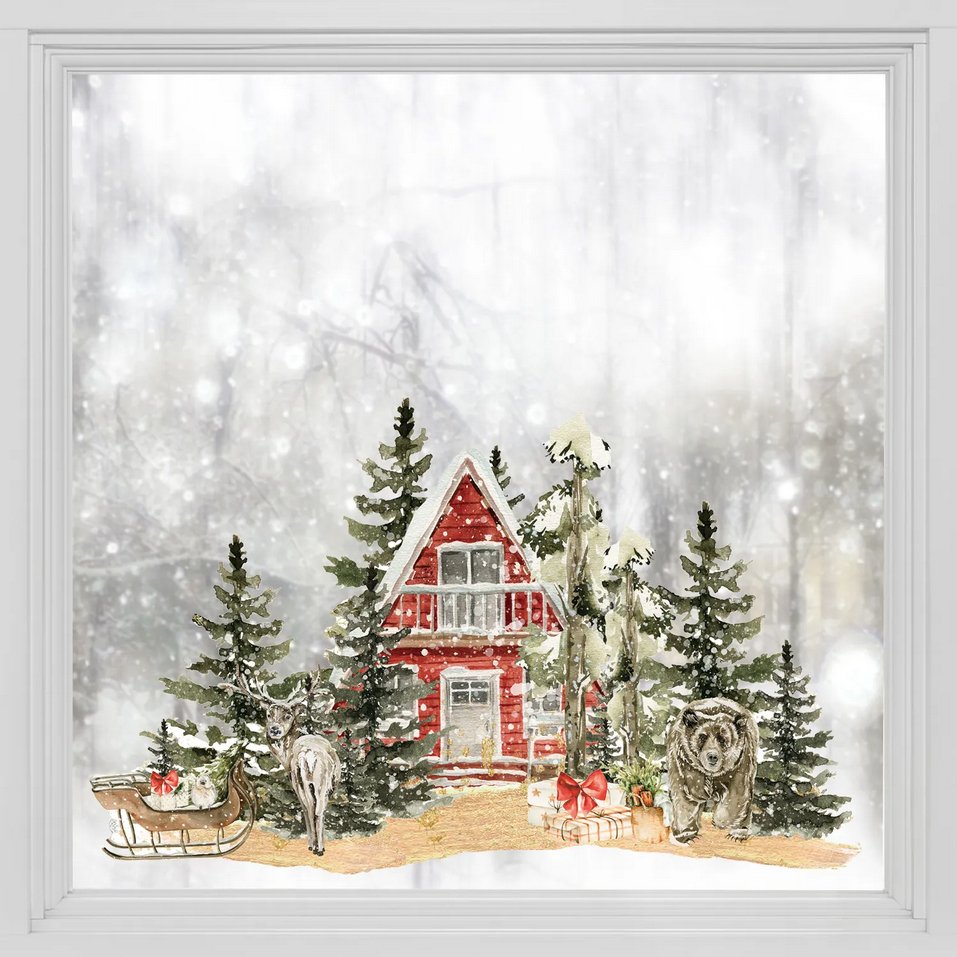 Red House & Fir Tree Double - Sided Static Cling Window Film Christmas Sticker - Fansee Australia