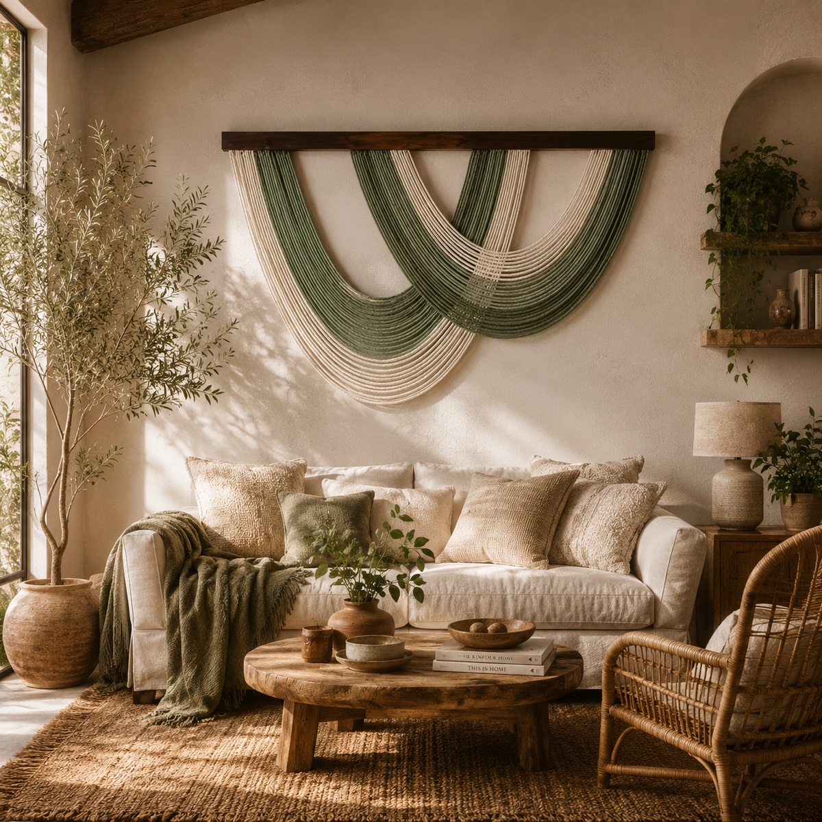 Sage Arc Fibre Wall Art – Oversized Handwoven Macramé Statement Hanging (100cm x 70cm)