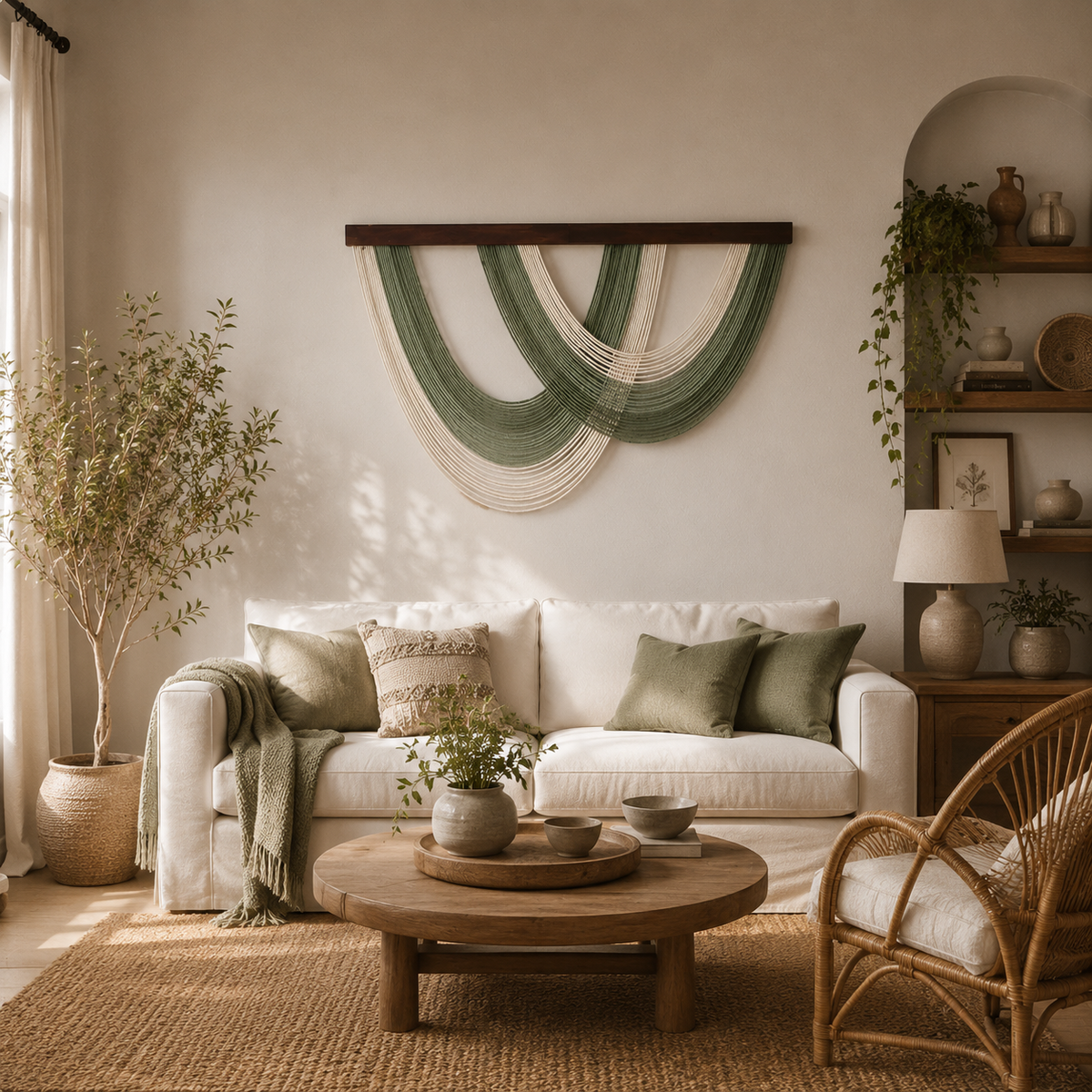 Sage Arc Fibre Wall Art – Oversized Handwoven Macramé Statement Hanging (100cm x 70cm)