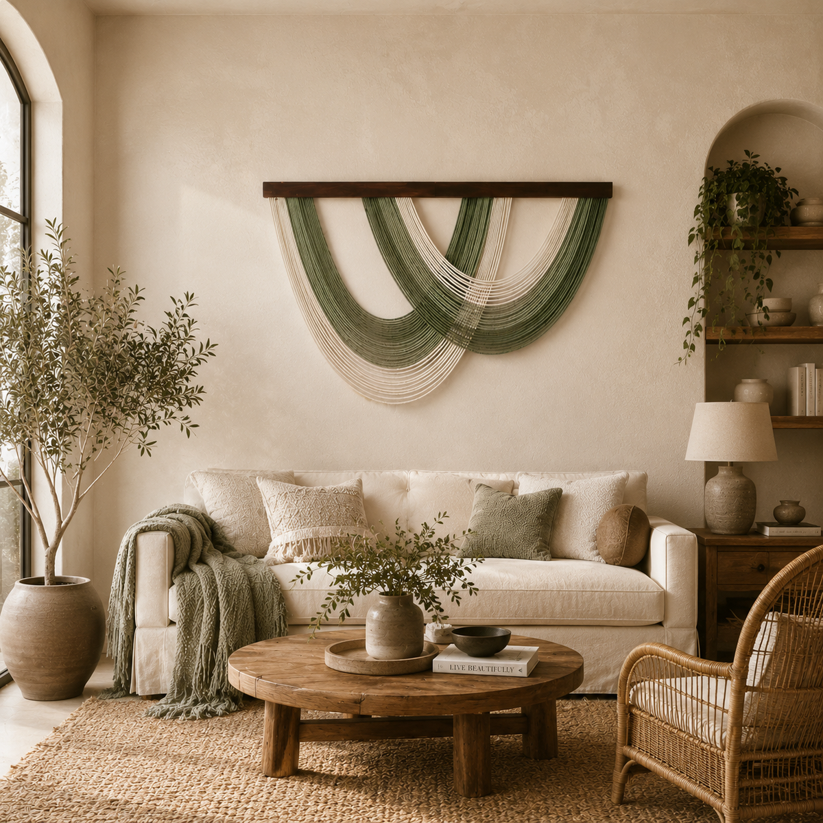 Sage Arc Fibre Wall Art – Oversized Handwoven Macramé Statement Hanging (100cm x 70cm)