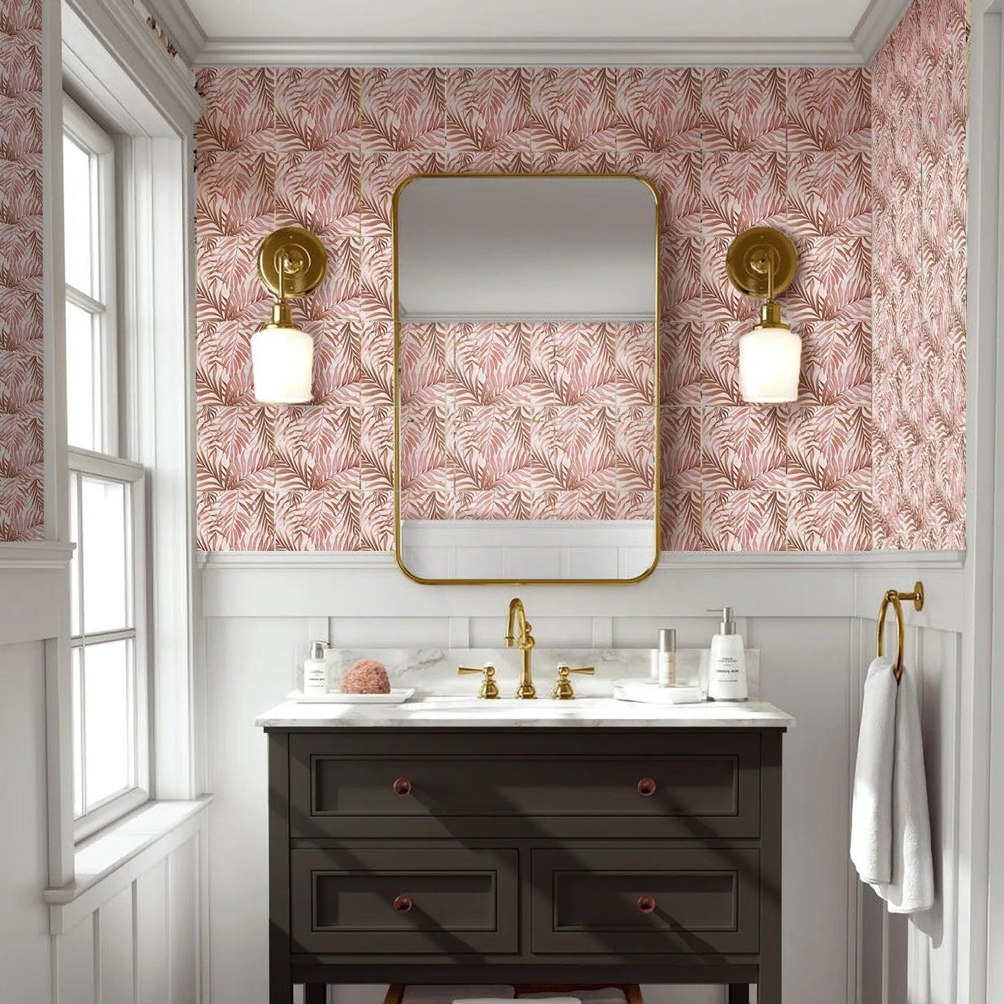 Salmon Botanical Leaves Self-Adhesive Textured Vinyl Tiles Stickers - artwallmelbourne