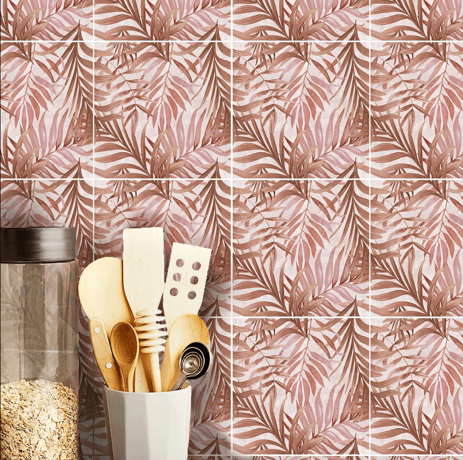 Salmon Botanical Leaves Self-Adhesive Textured Vinyl Tiles Stickers - artwallmelbourne