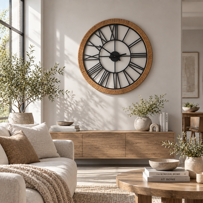Verona Oversized Roman Wall Clock – Natural Rattan & Black Iron Wall Art Clock 76.5cm