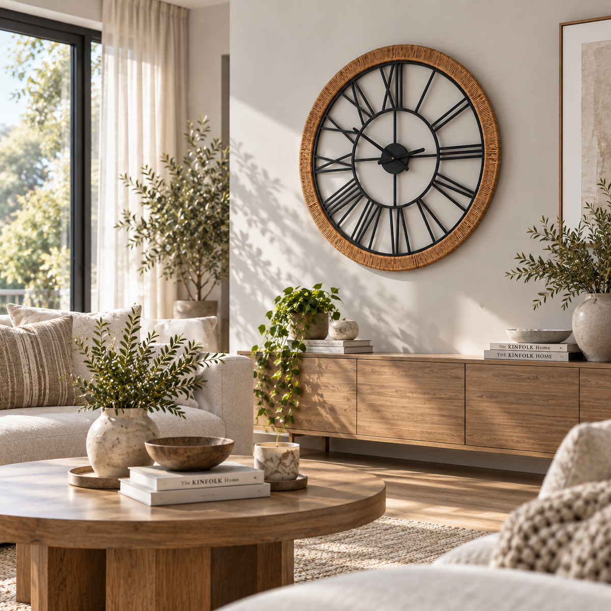 Verona Oversized Roman Wall Clock – Natural Rattan & Black Iron Wall Art Clock 76.5cm