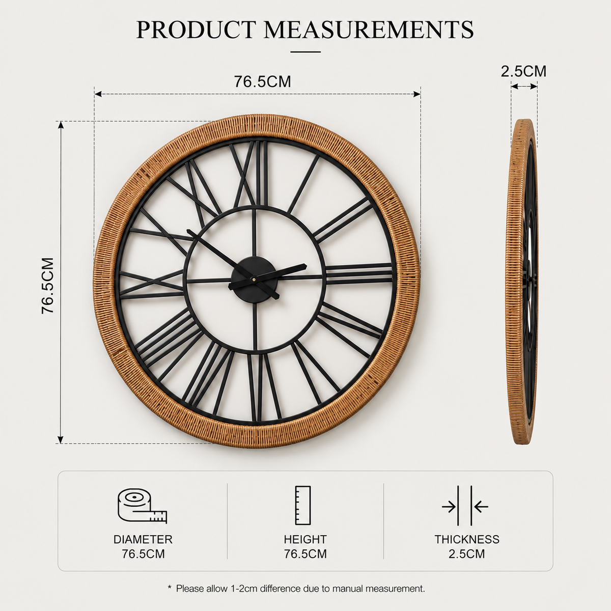 Verona Oversized Roman Wall Clock – Natural Rattan & Black Iron Wall Art Clock 76.5cm