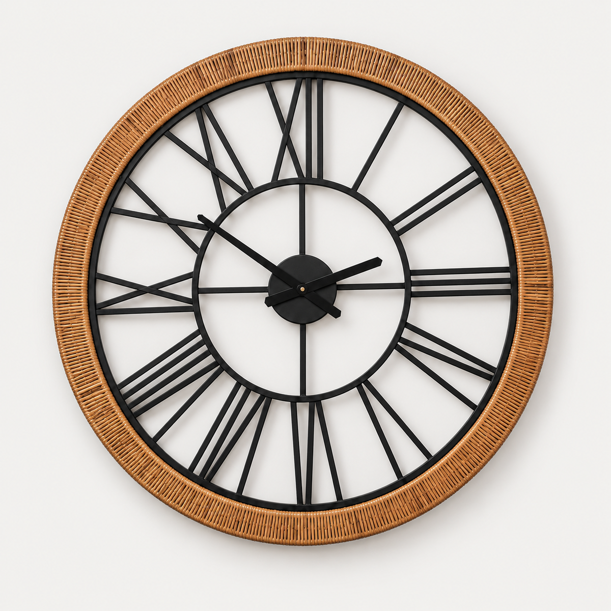 Verona Oversized Roman Wall Clock – Natural Rattan & Black Iron Wall Art Clock 76.5cm