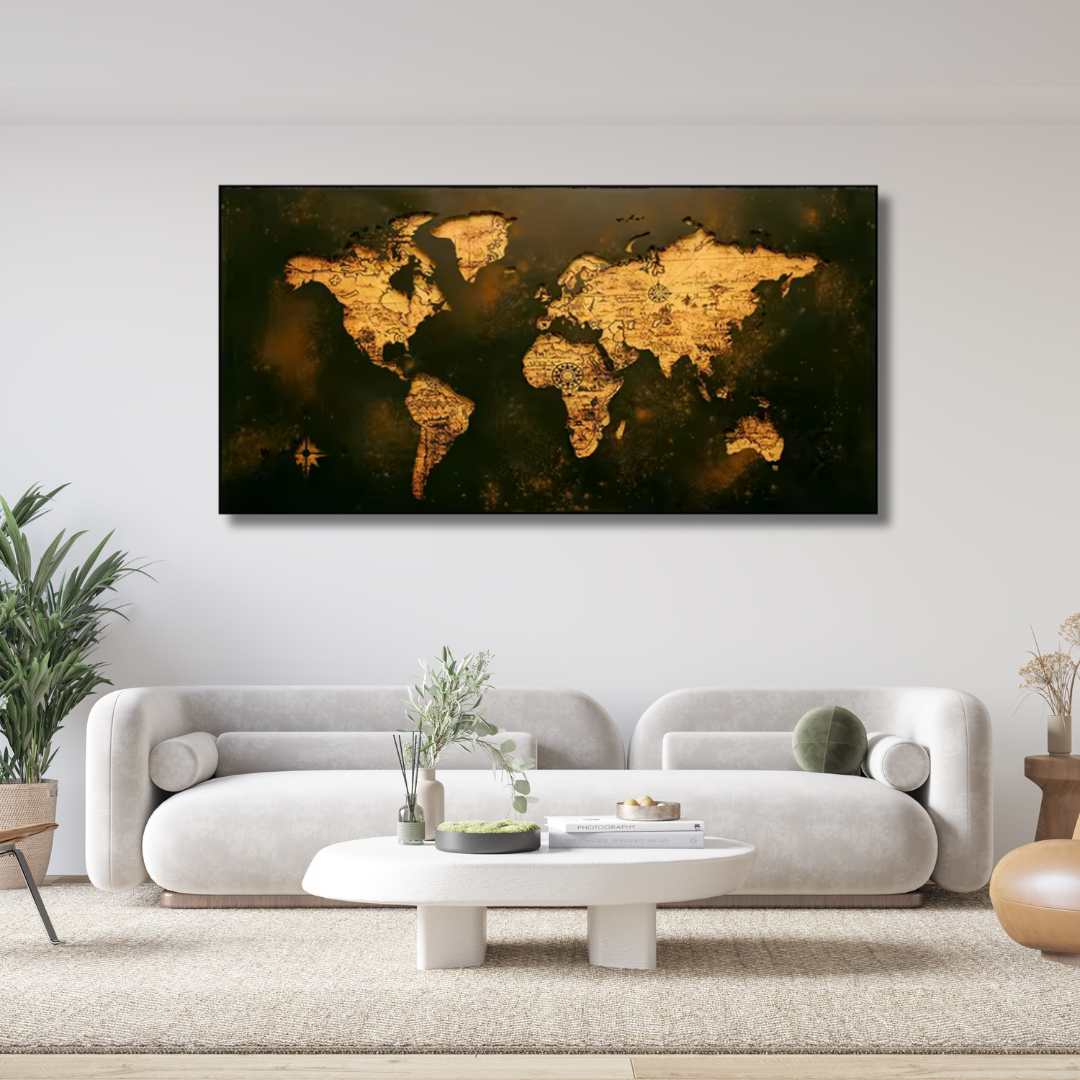 Vintage World Map Framed Canvas Print – 70x100cm Explorer Wall Art - Art Wall Melbourne