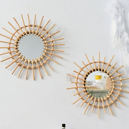 2 Pcs Set - Round Handmade Rattan Wall Mirrors - artwallmelbourne