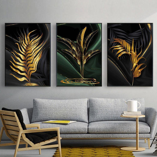Black Abstract Gold Plant Leaves Wall Art Prints (60x90cm) - Fansee Australia