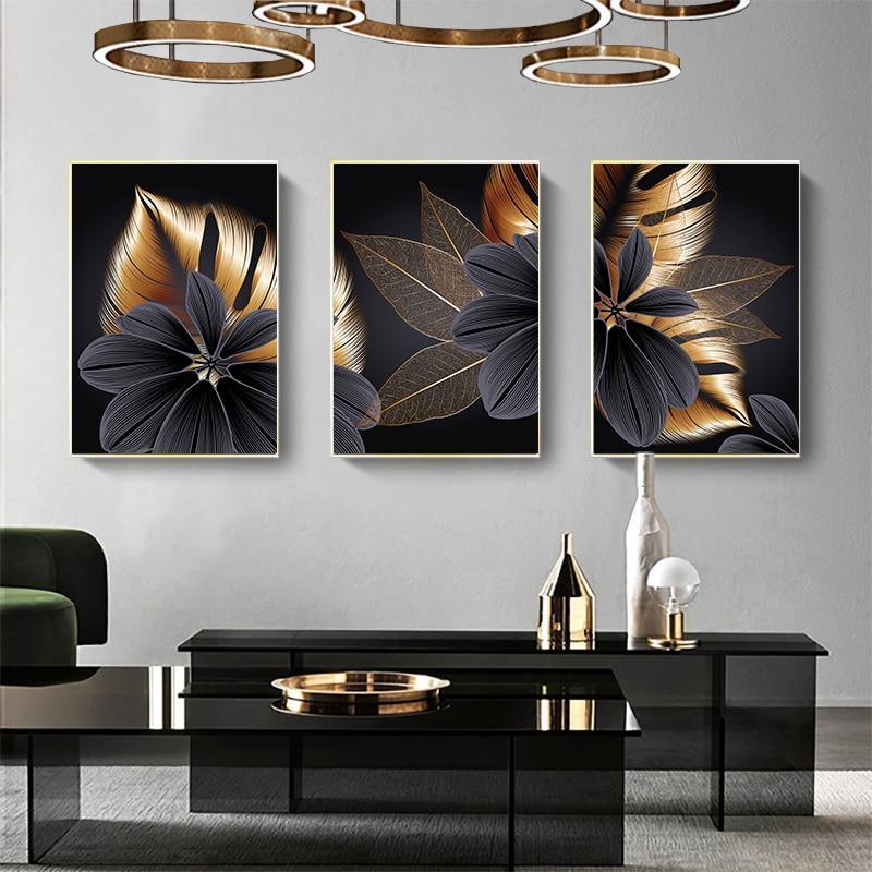 Black Golden Plant Leaf Canvas Poster Print Modern Home Decor Abstract Wall Art Painting Nordic Living Room Decoration Picture - Fansee Australia
