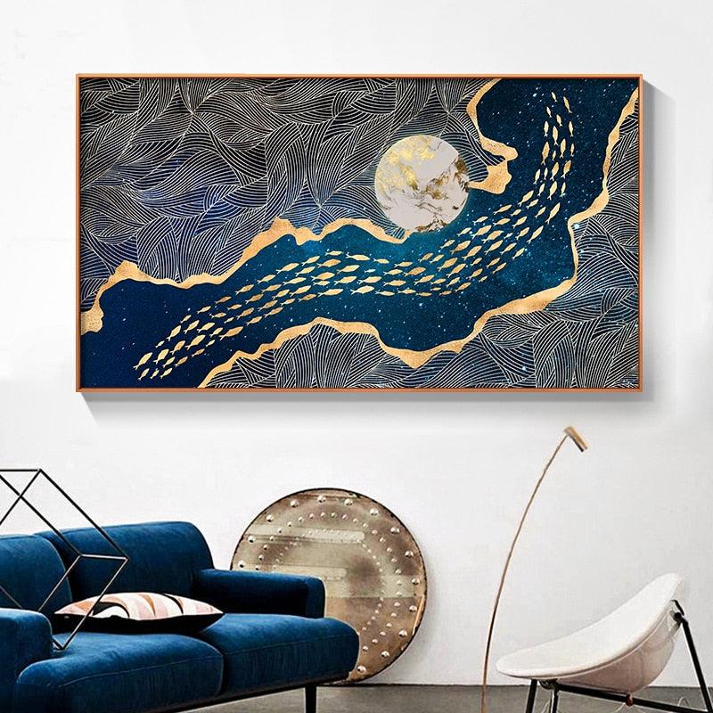 Golden Fish In Moon Canvas Wall Art Prints - Fansee Australia