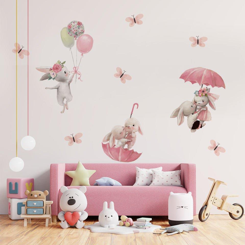 Cute Rabbits Flying On Umbrella Wall Stickers - Fansee Australia