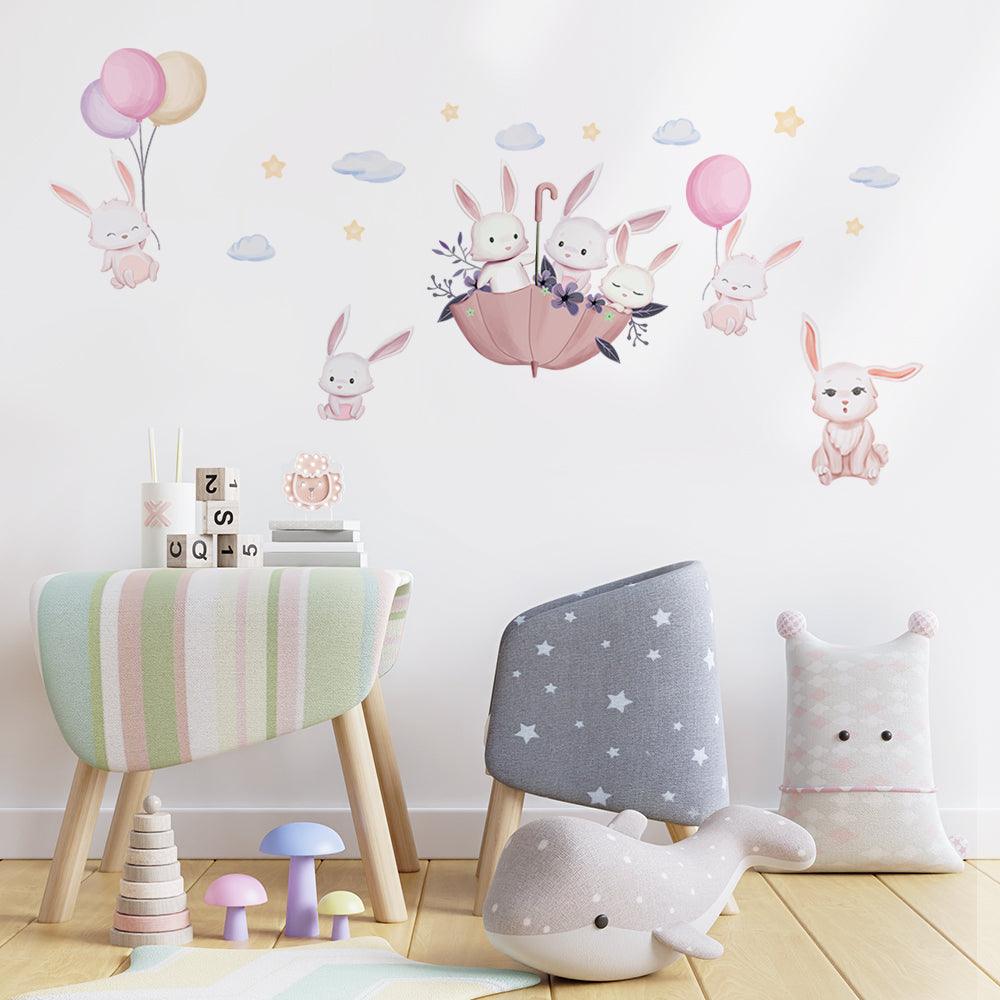 Bunnies On Umbrella Removable Nursery Wall Stickers - artwallmelbourne