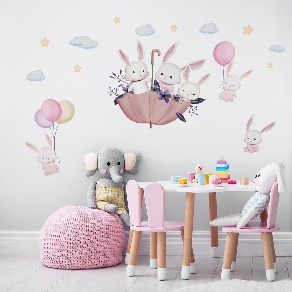 Bunnies On Umbrella Removable Nursery Wall Stickers - artwallmelbourne