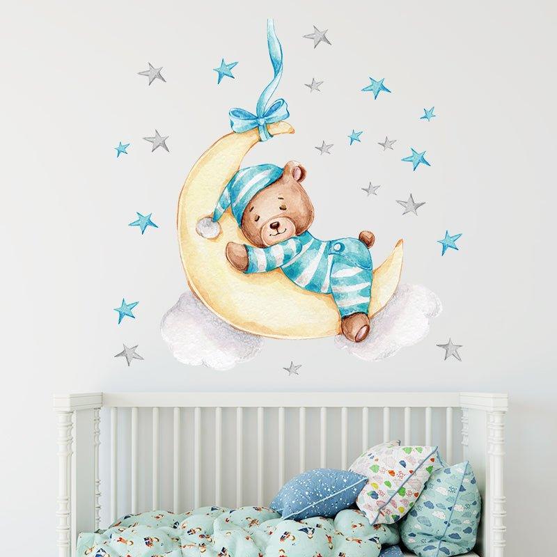 Cute Baby Bear Sleeping On Moon Wall Stickers - Fansee Australia