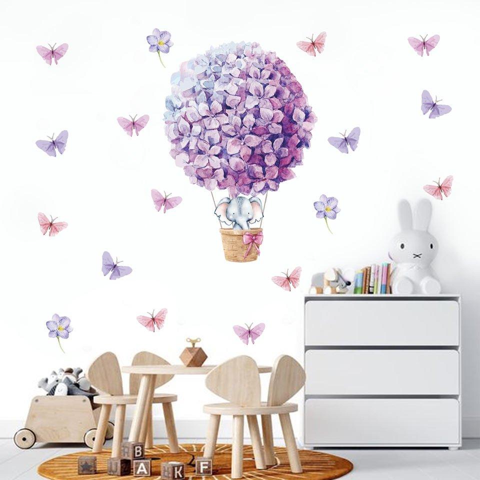 Elephant on Purple Flowers Hot Air Balloon Kids Room Wall Stickers - Fansee Australia