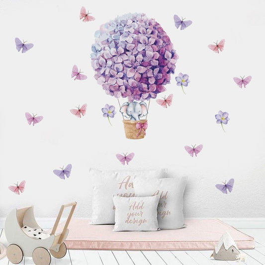 Elephant on Purple Flowers Hot Air Balloon Kids Room Wall Stickers - Fansee Australia