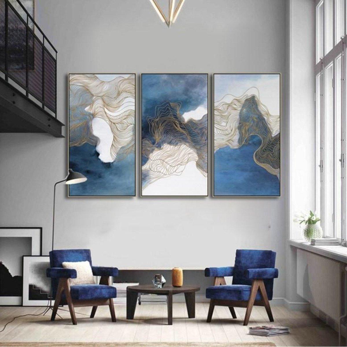 Handmade Blue Abstract Framed Wall Art - 3 Pcs Set (60x120cm) - Fansee Australia