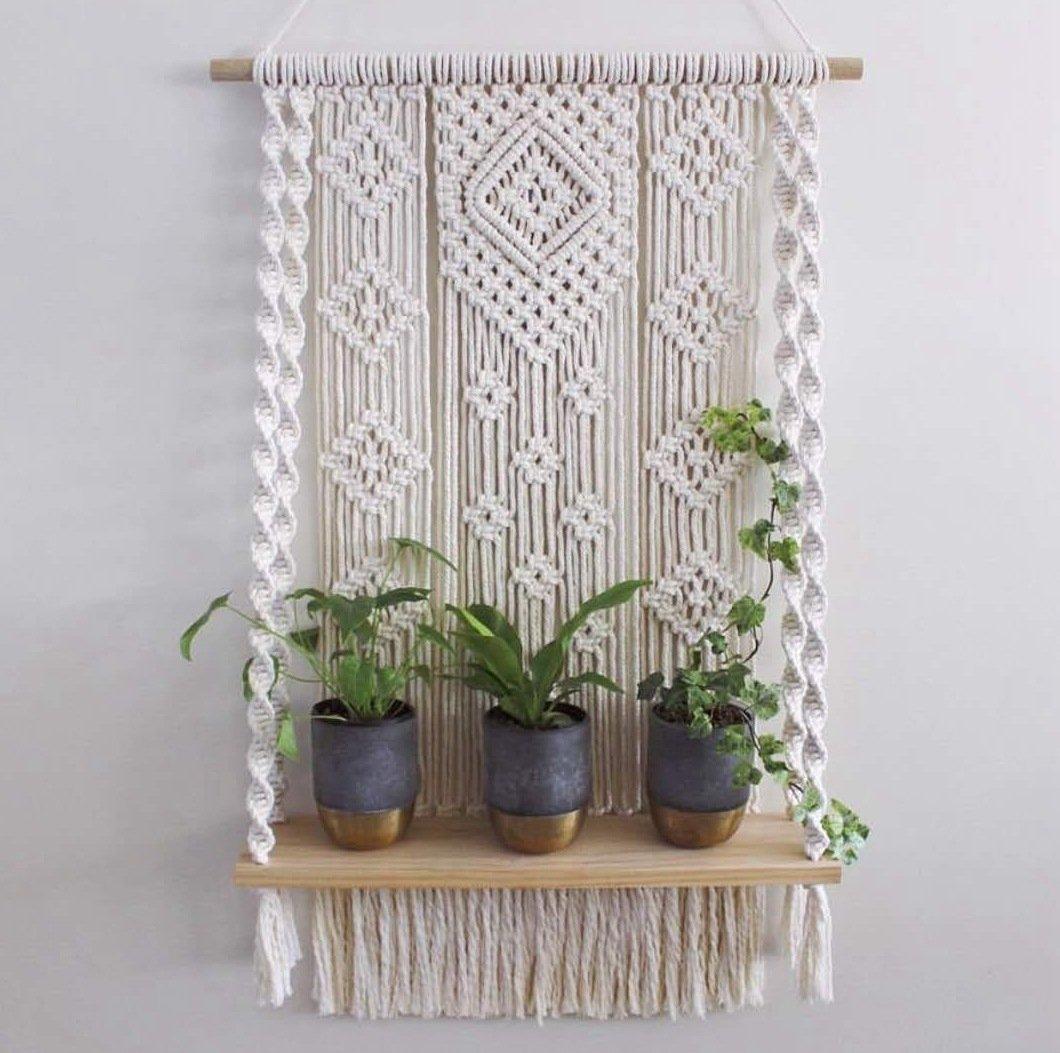 macrame plant hanger australia Handmade Macrame Wooden Floating Shelf Wall Hanging Planter