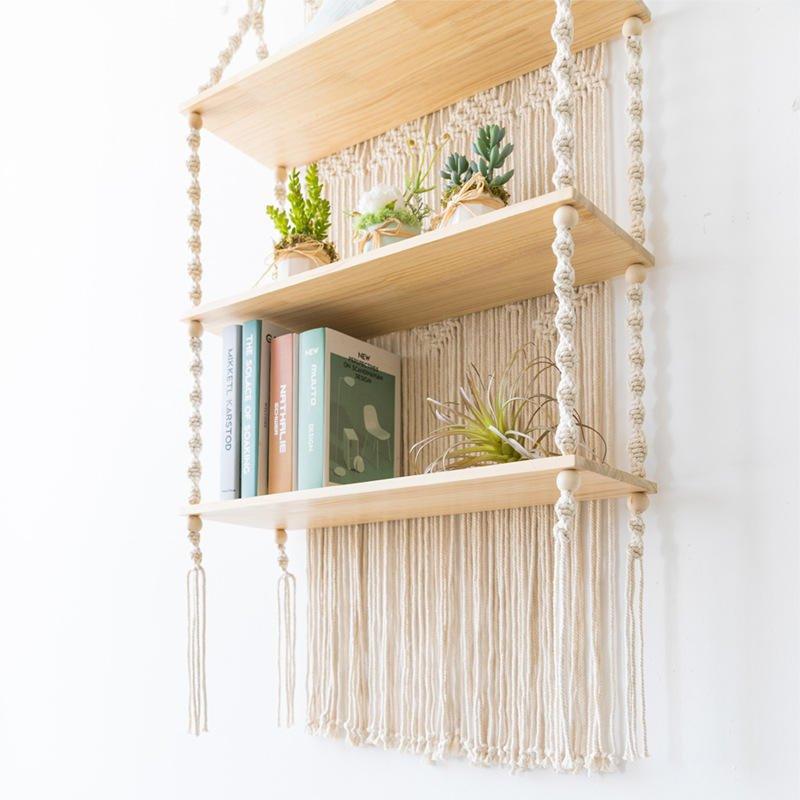 Tripe Plant Hanger Handmade Macrame Wooden Floating Shelf - Fansee Australia