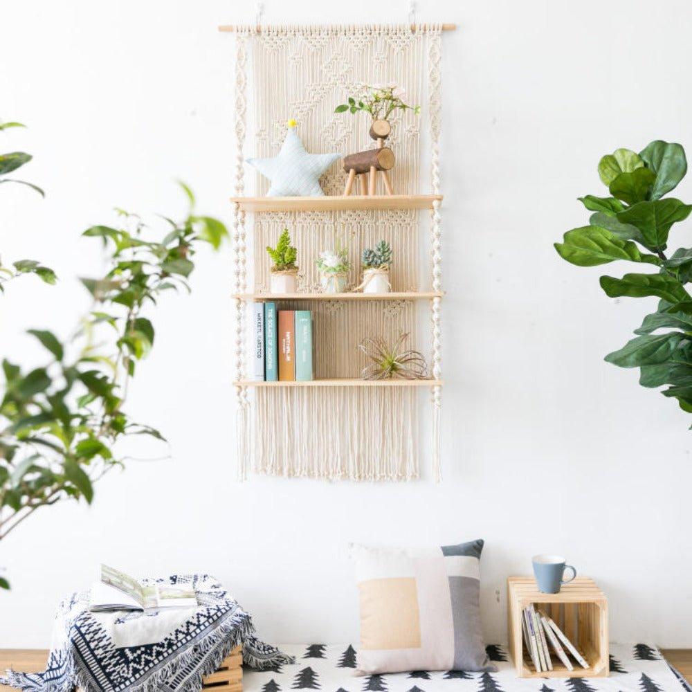 Tripe Plant Hanger Handmade Macrame Wooden Floating Shelf - Fansee Australia