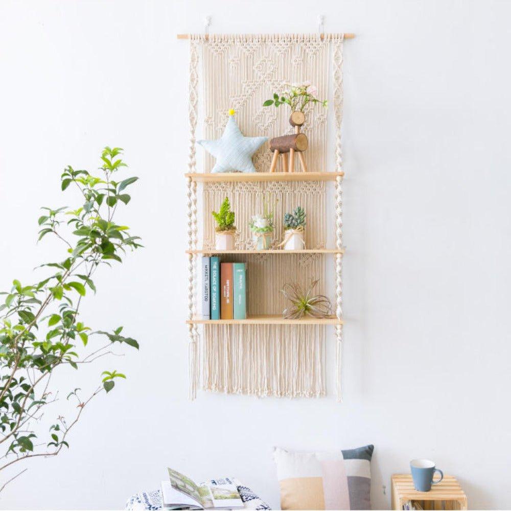 Tripe Plant Hanger Handmade Macrame Wooden Floating Shelf - Fansee Australia