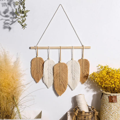 Handwoven Macrame Leaf Feather Wall Hanging Tapestry - artwallmelbourne