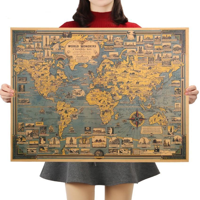 World Wonders Map Kraft Paper Wall Art Poster (68.5X51.5cm) - Fansee Australia