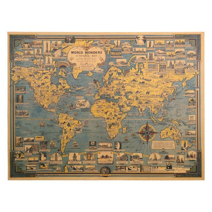 World Wonders Map Kraft Paper Wall Art Poster (68.5X51.5cm) - Fansee Australia